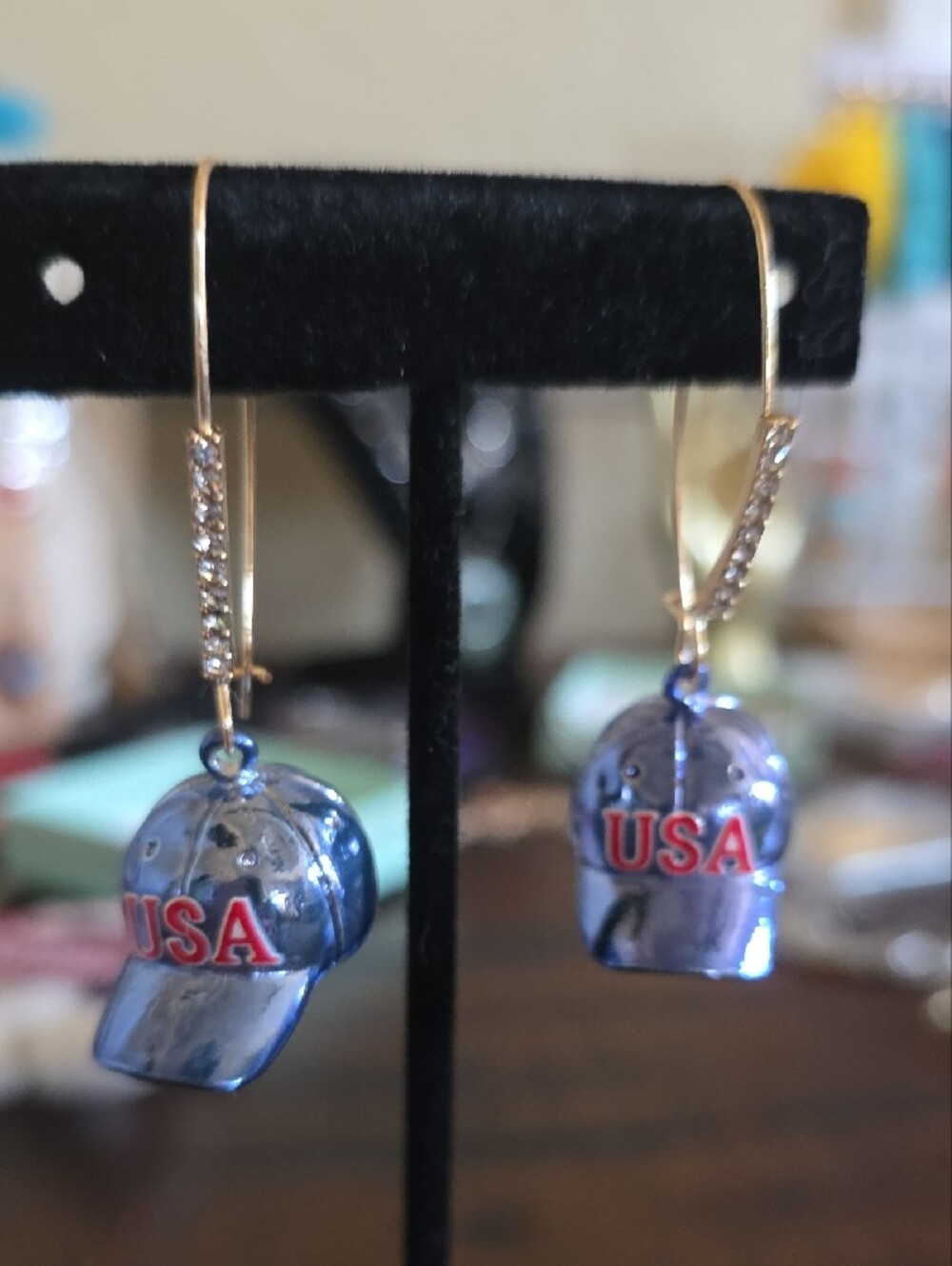 Patriotic Blue 'USA' Baseball Cap Crystal Earrings - Picture 4 of 4